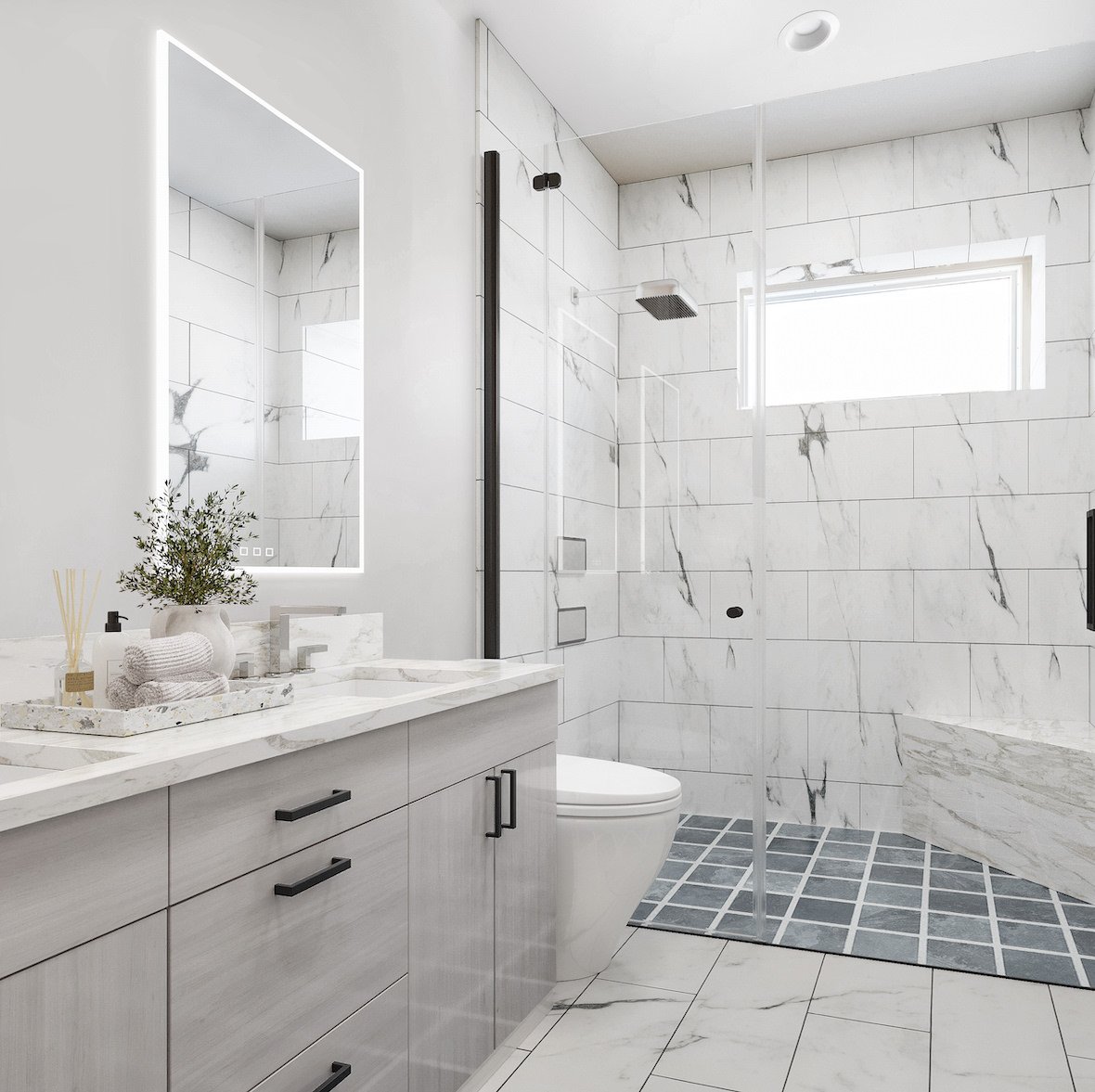3d rendering of a redone bathroom showing white accents throughout