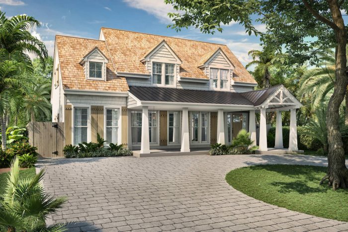 3d rendering front elevation of a home in florida with green trees and lush landscaping