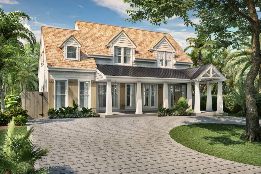 3d rendering front elevation of a home in florida with green trees and lush landscaping