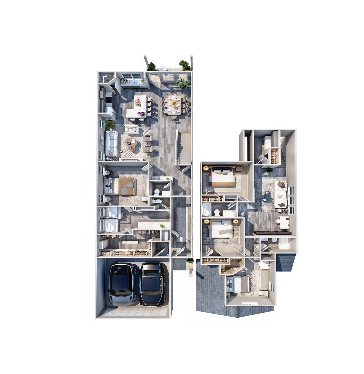 3d floor plan showing two stories of a home