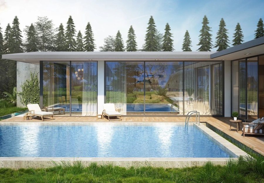 3d rendering showing a pool and the back of a home in california