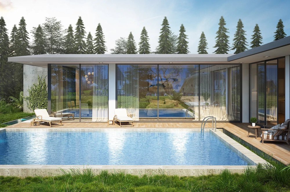 3d rendering showing a pool and the back of a home in california