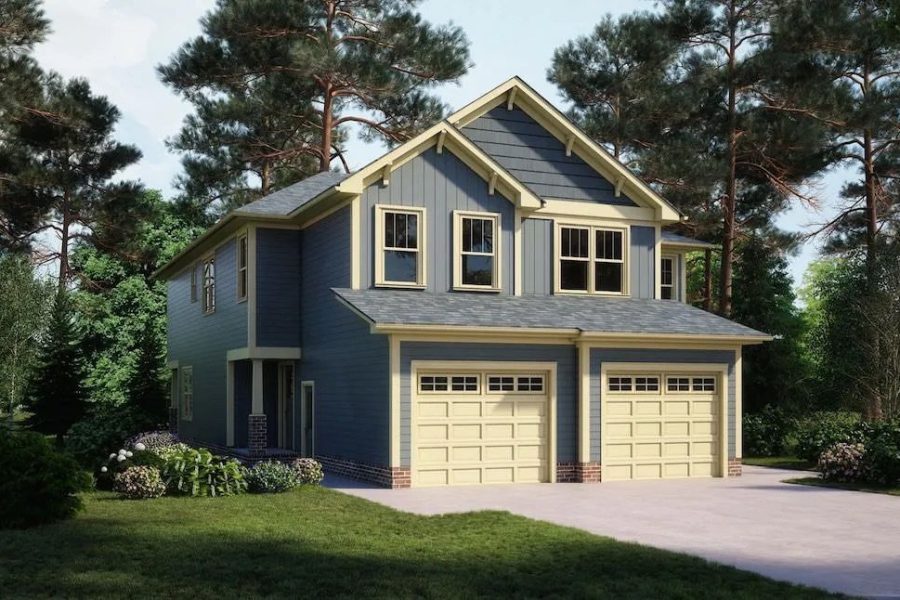 3d rendering showing a full home with blue accents and a white garage in california