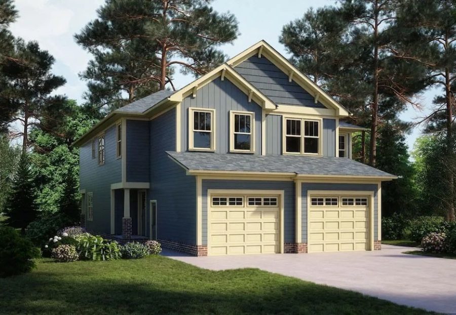 3d rendering showing a full home with blue accents and a white garage in california