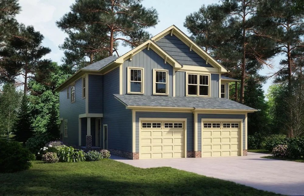 3d rendering showing a full home with blue accents and a white garage in california