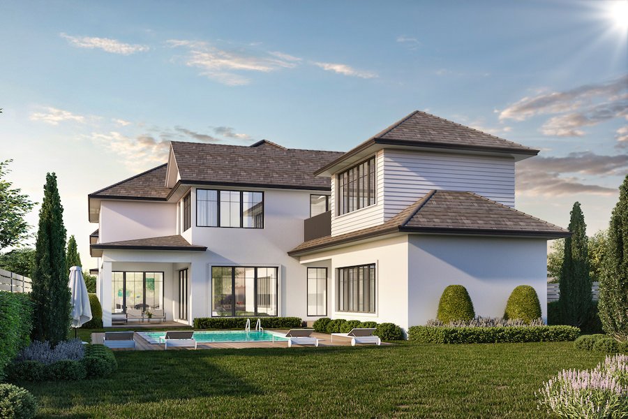 3d rendering of a rear elevation using a dark roof