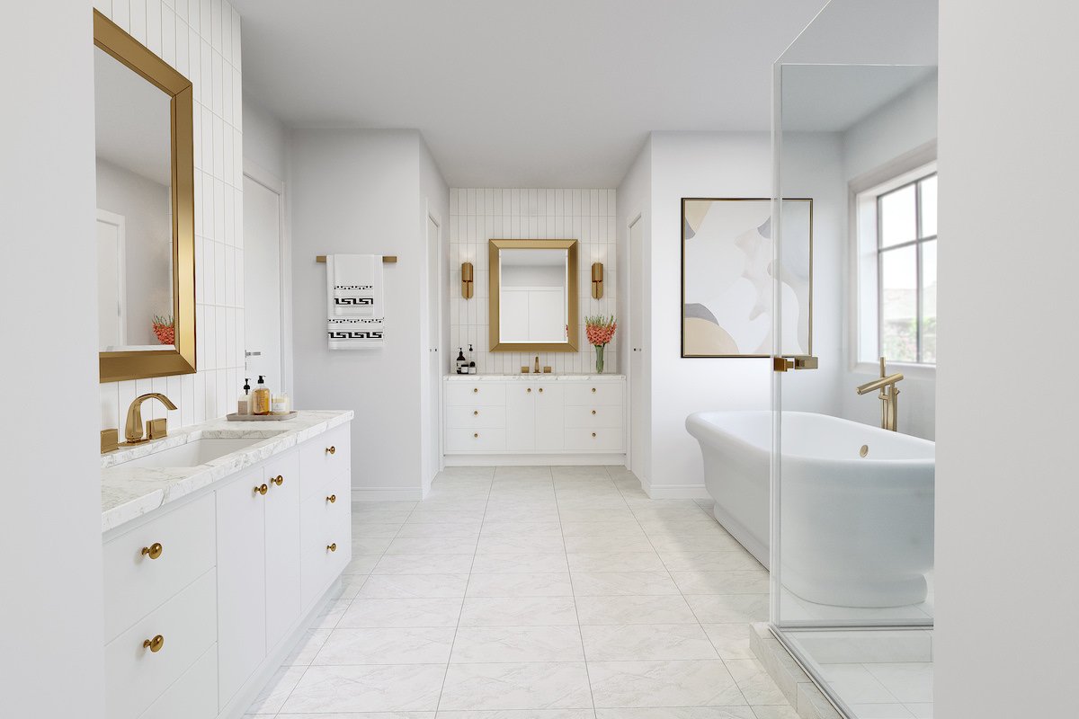 3d renovation of a bathroom using gold accents within the room