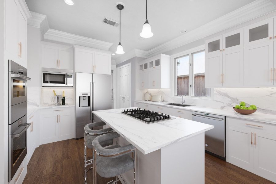 3d virtual renovation of a kitchen using stainless steel appliances in a home