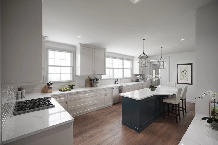 3d virtual renovation of a kitchen with marble accents