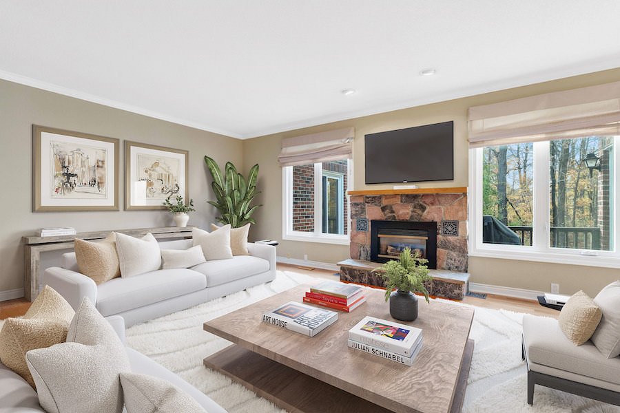 furniture replacement of a living space using virtual staging to show white and high end furniture