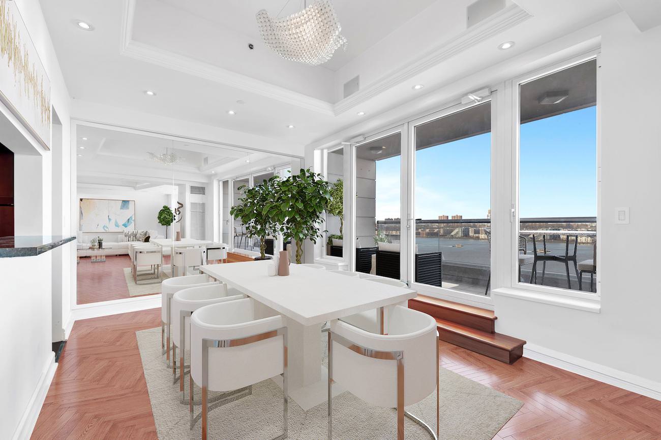 New York modern white dining room with digitally replaced furniture including a minimal table, chrome-accented chairs, and panoramic city views.