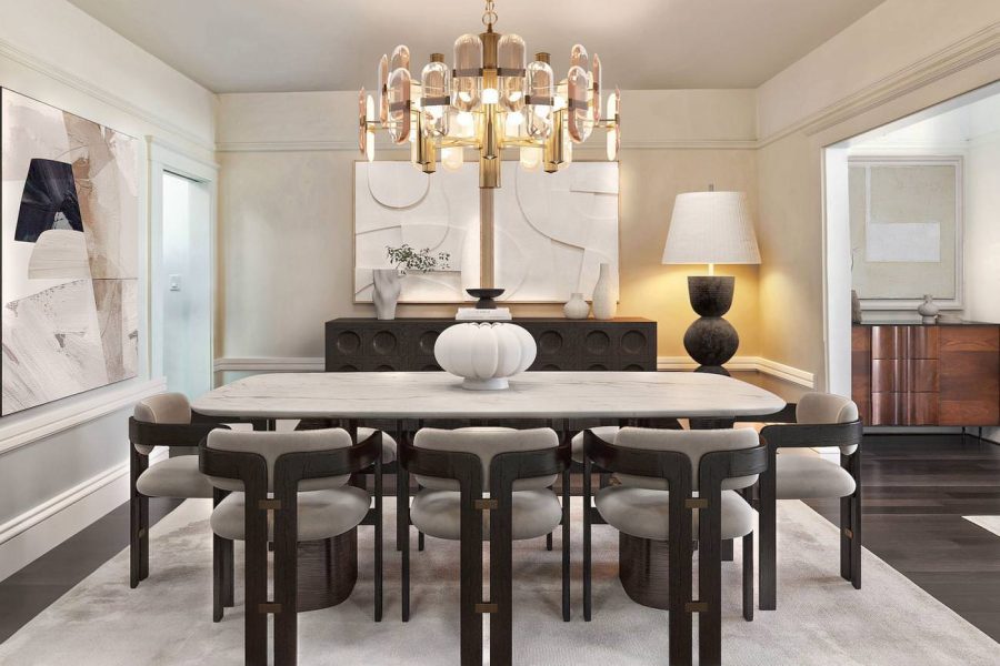 Traditional dining room re-imagined with modern furniture replacement, featuring sculptural wood chairs, modern art, and a statement chandelier in california