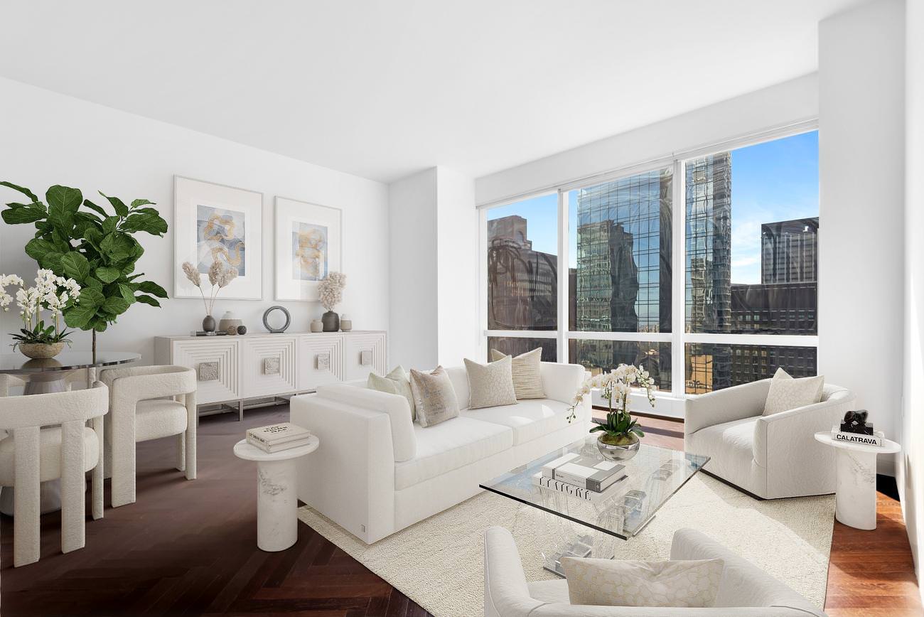 Contemporary high-rise living room with floor-to-ceiling windows and modern white furnishings