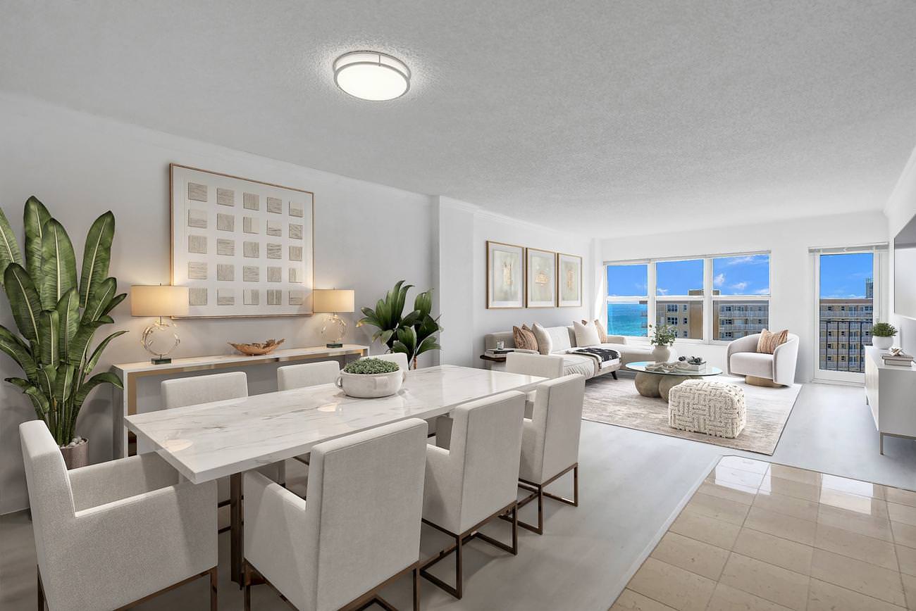 Virtually staged coastal condo with open concept living and dining space, ocean view through large windows in florida