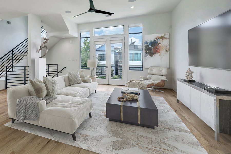 Digitally staged luxury living room with marble coffee table, modern decor, and city skyline view