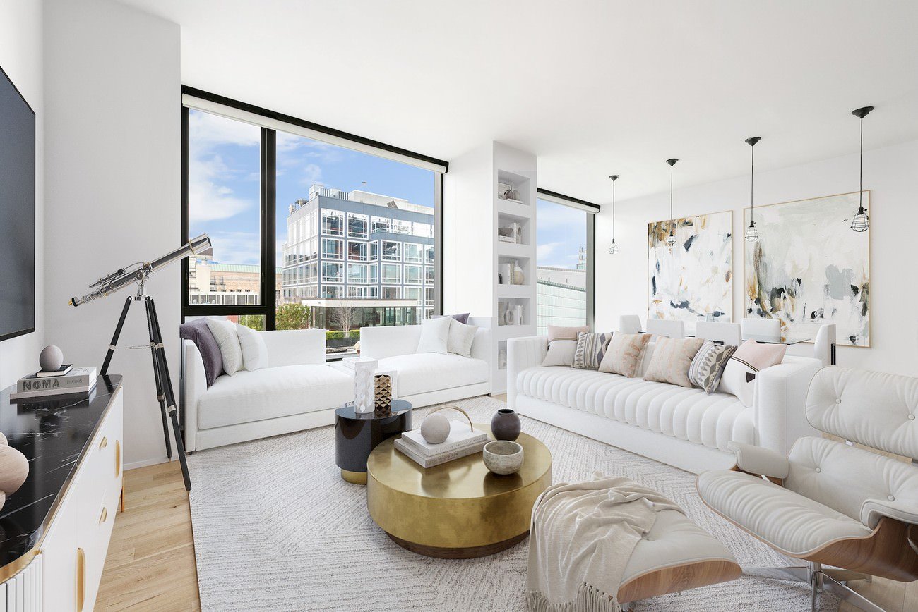 Digitally staged living and dining area with light-toned furniture and artistic modern touches
