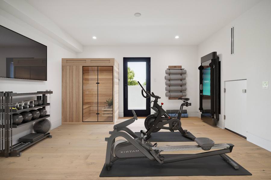 digitally staged home gym with rowing machine, bike, sauna, and wall-mounted Tonal system.