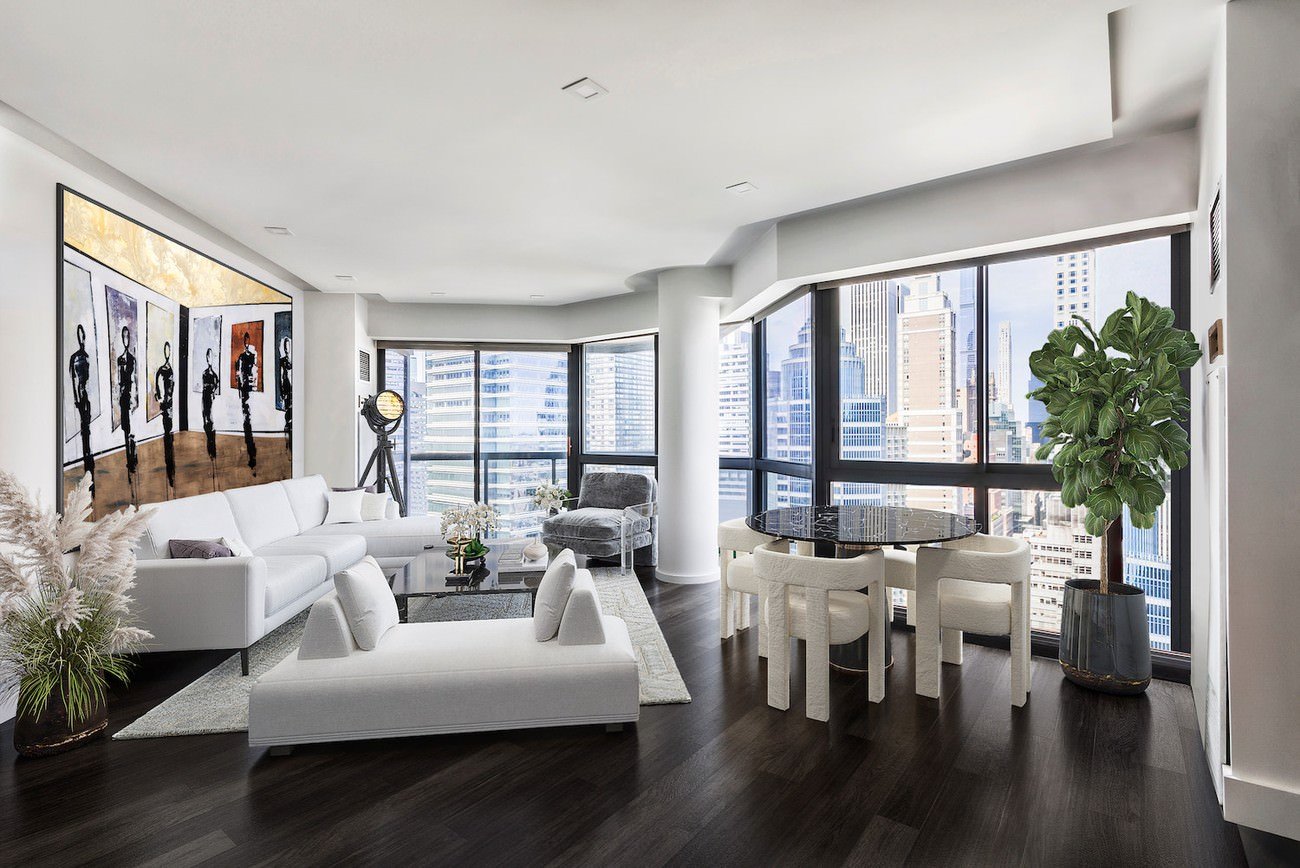 Contemporary New York City condo with digitally replaced furniture and modern white decor