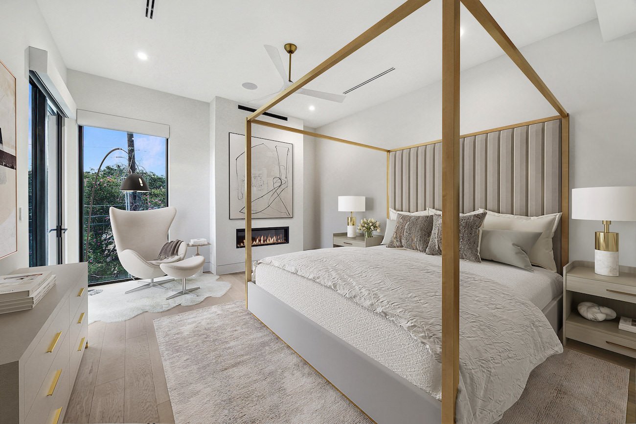 Modern bedroom with egg chair and fireplace, virtually staged in texas