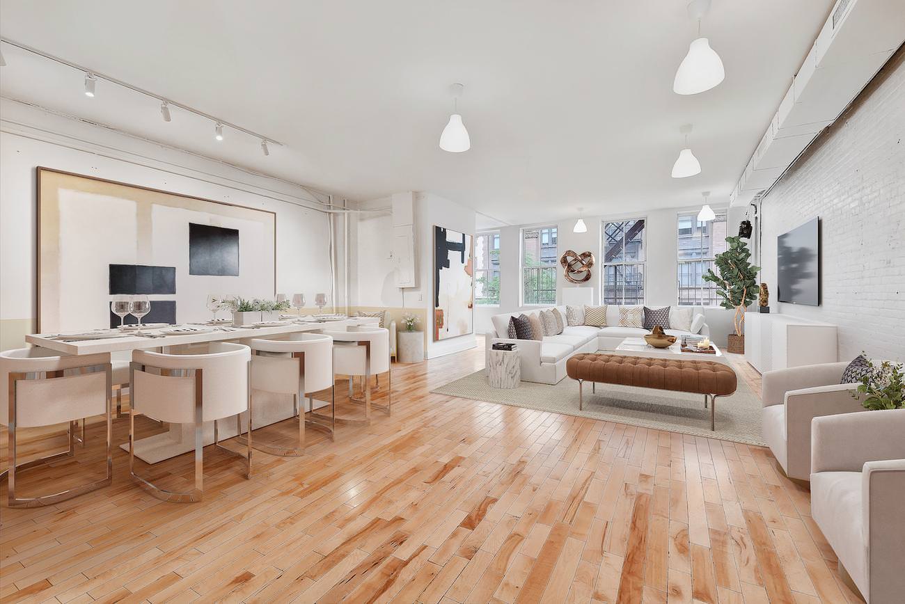 Modern loft dining and living area virtually staged with neutral tones and abstract artwork