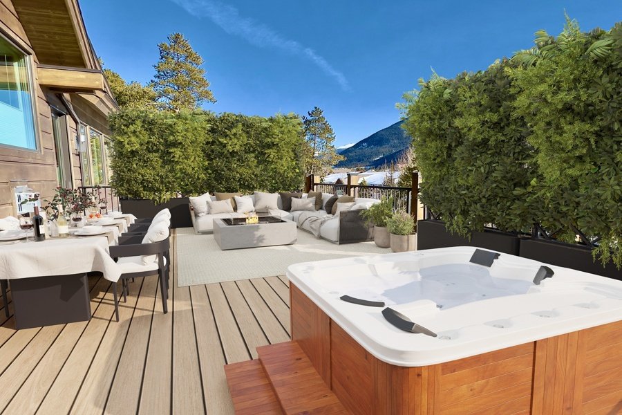 Mountain view deck virtually staged with hot tub and outdoor sectional