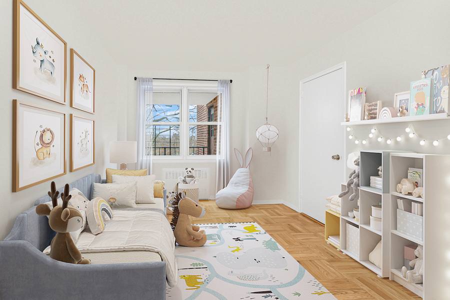 Neutral-toned toddler room with animal wall art, toy storage, and a bunny ear bean bag