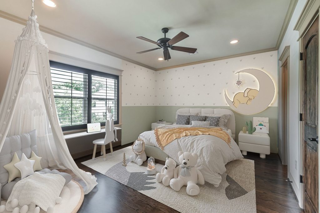 Virtually staged children's bedroom with moon-themed wall decor and plush animal toys