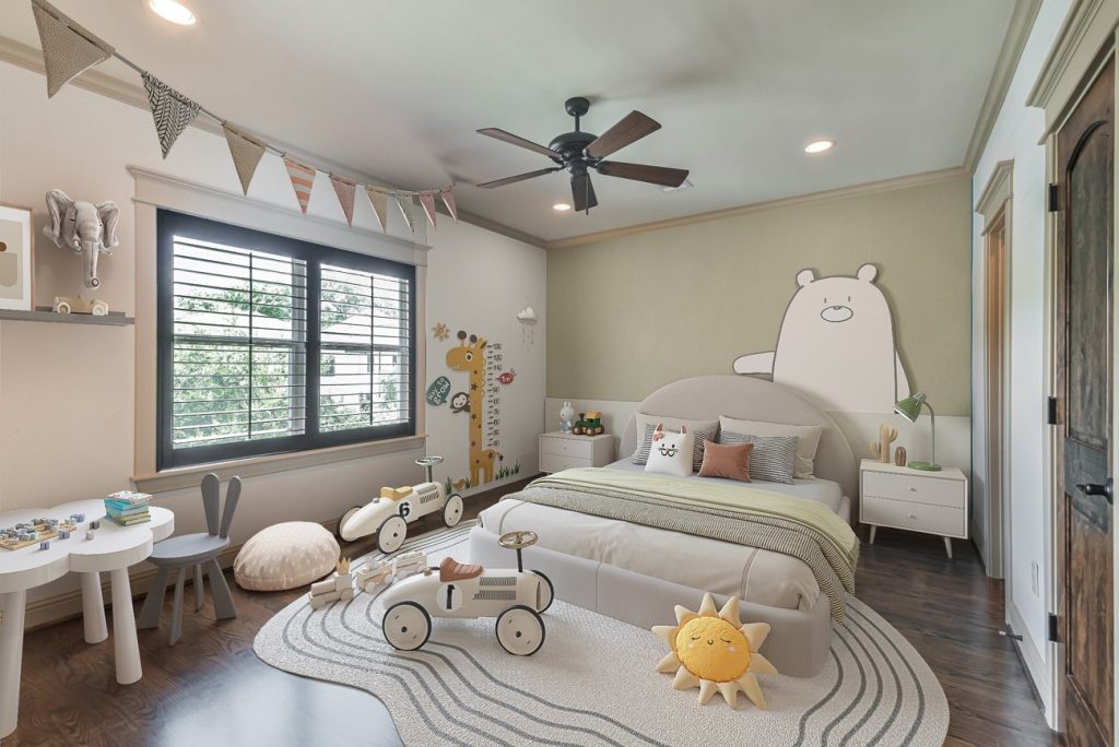 Virtually staged children's room with giraffe wall decal, bunting flags, and creative play area