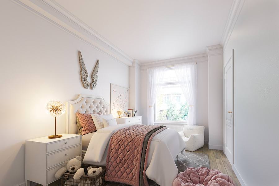 Elegant pink girls bedroom with tufted headboard, angel wing wall decor, and plush bedding