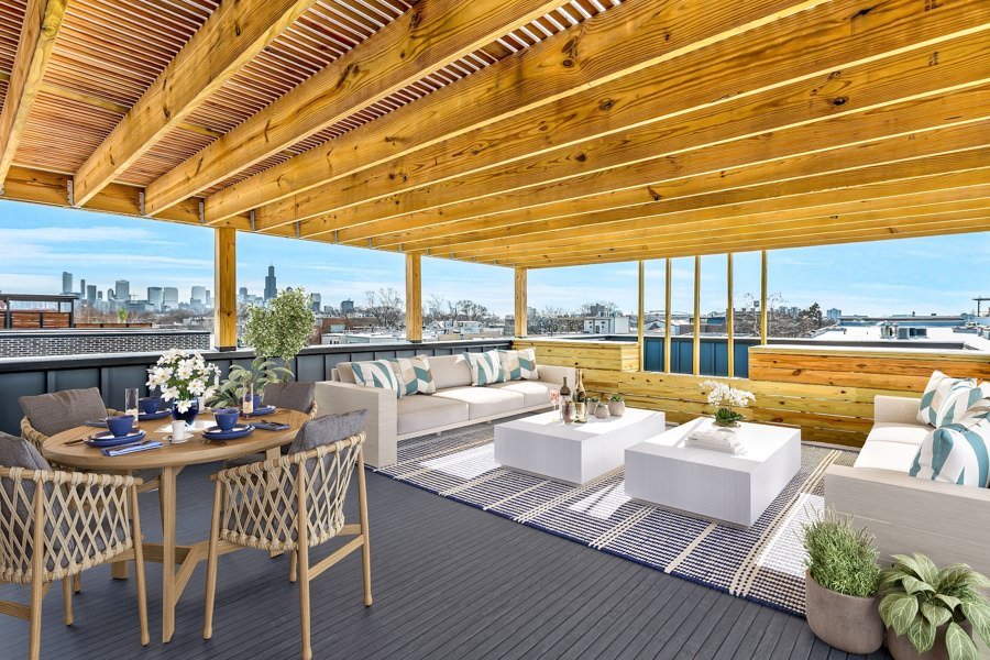 Rooftop lounge virtually staged with sectional seating and skyline backdrop