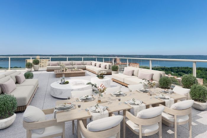 new york Large rooftop virtually staged with formal dining area and ambient lighting