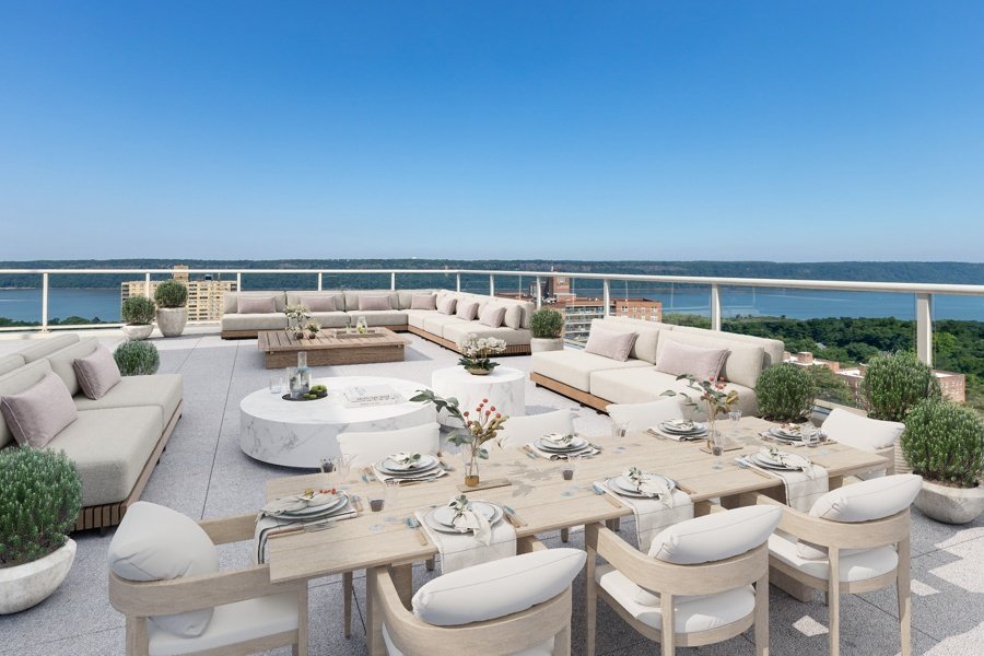 new york Large rooftop virtually staged with formal dining area and ambient lighting