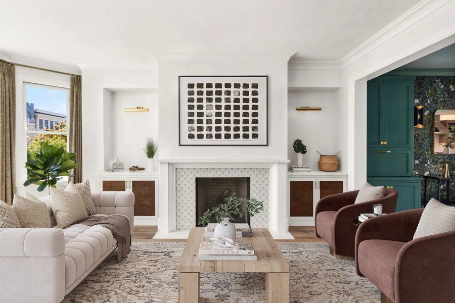 Virtual home staging of a neutral-toned living room with full-length windows and soft furnishings