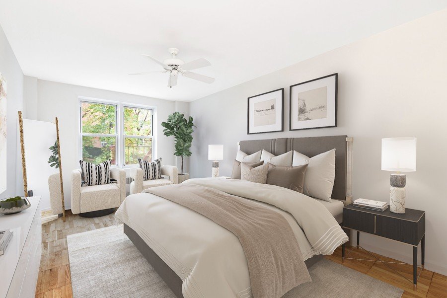 Virtual staging of a neutral-toned bedroom with soft textures and natural light