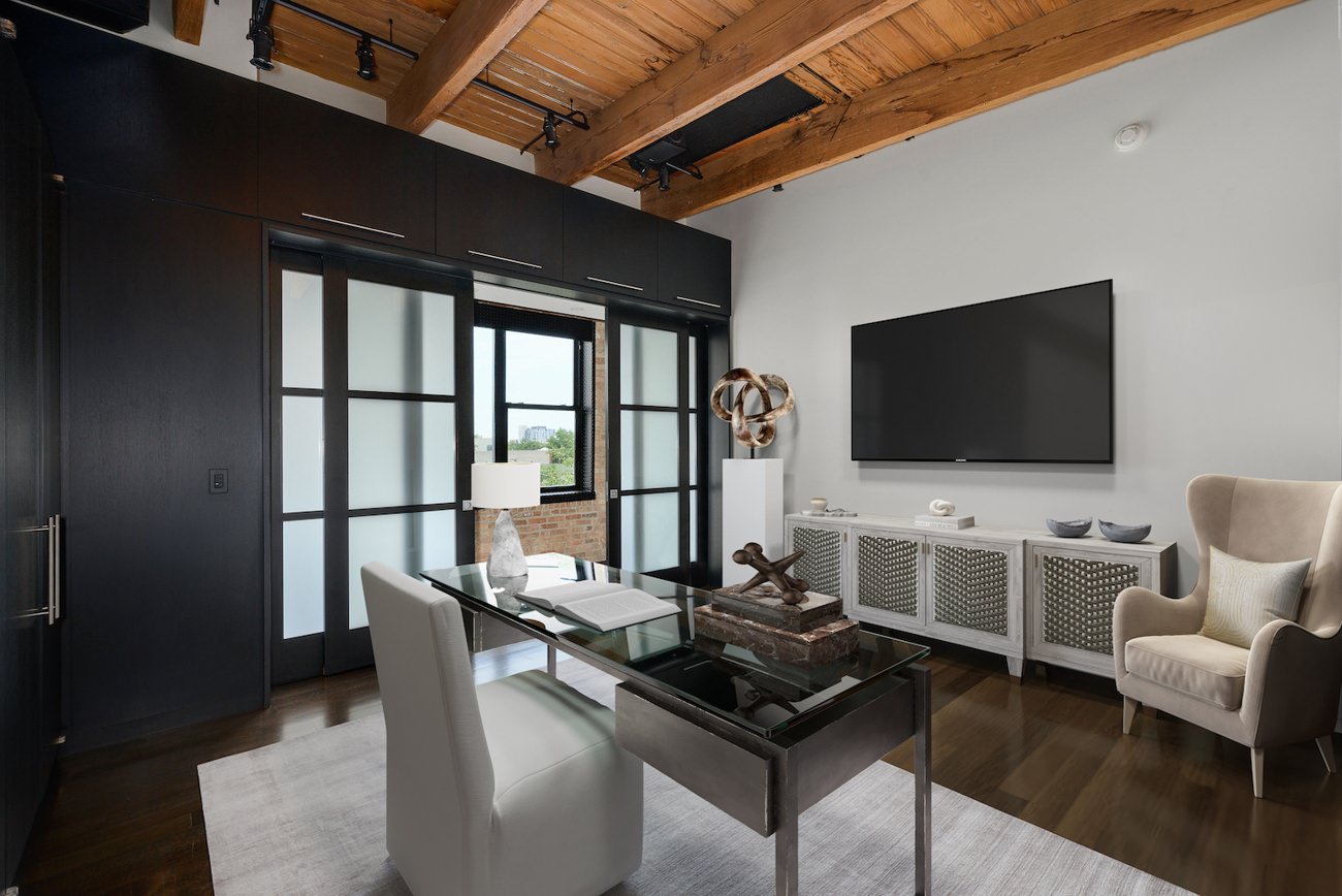 Virtually staged Chicago home office with dark wood accents and modern decor
