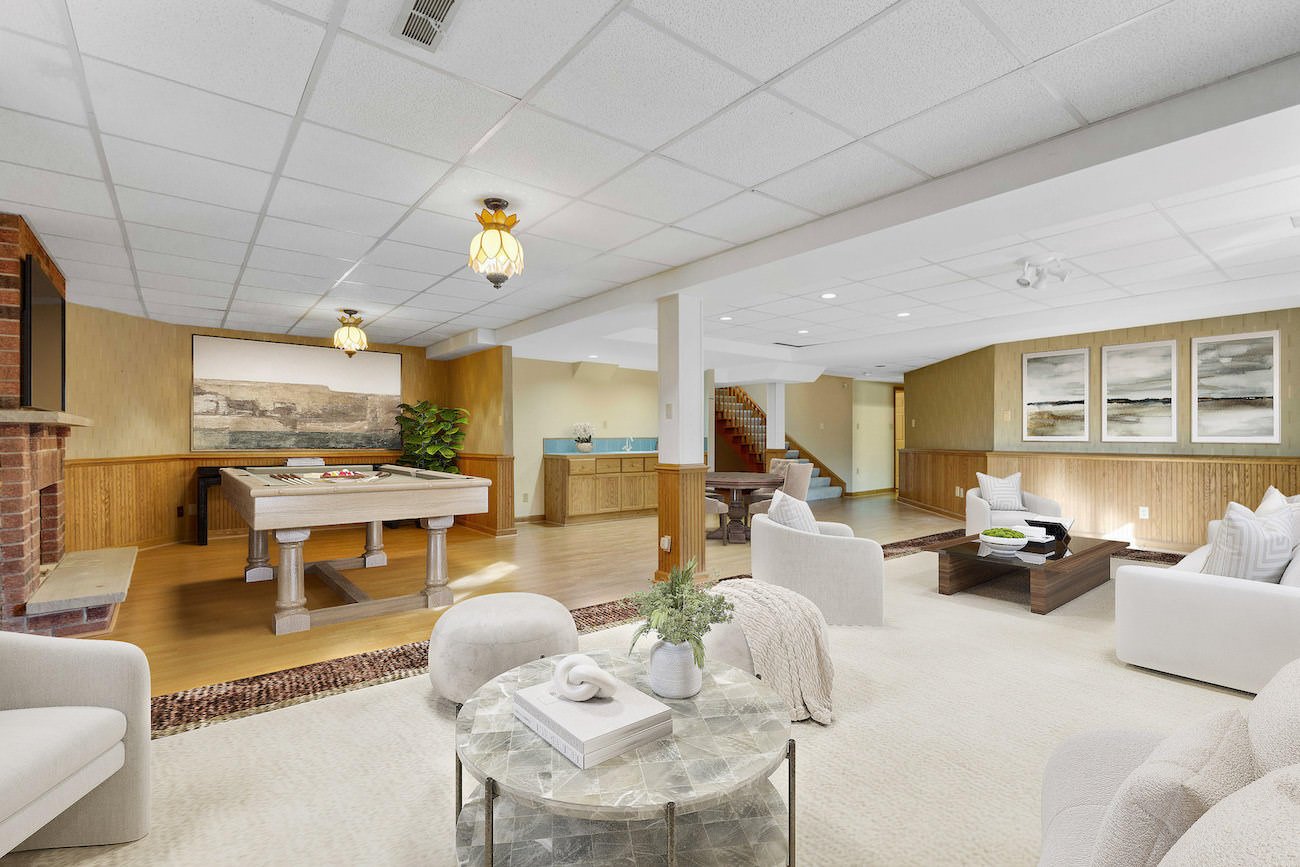 virtually staged basement using restoration hardware style pieces