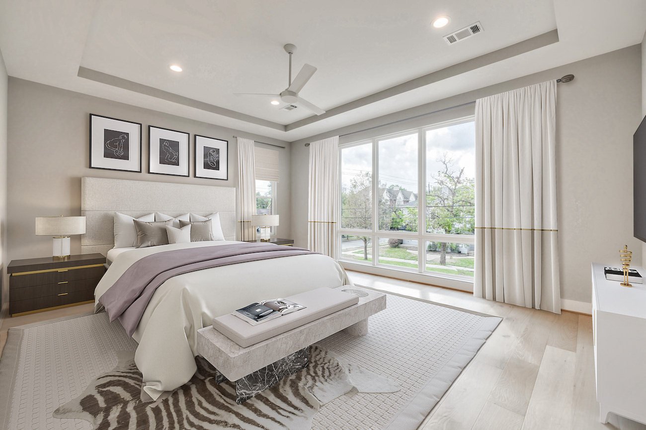 Virtually staged modern bedroom with zebra rug and neutral tones
