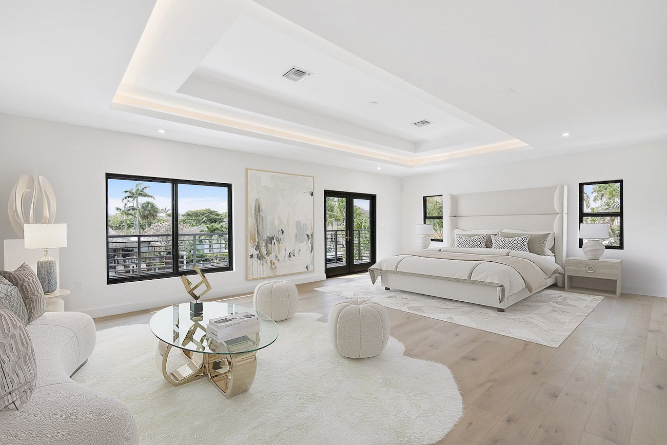 virtually staged bedroom with gold accents in a luxury home in florida