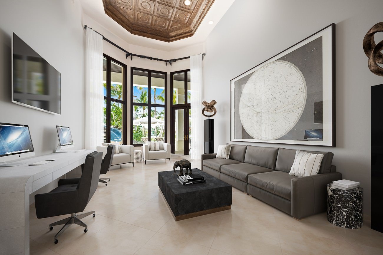 Virtually staged home office with modern furniture, large art piece, and contemporary design upgrades.