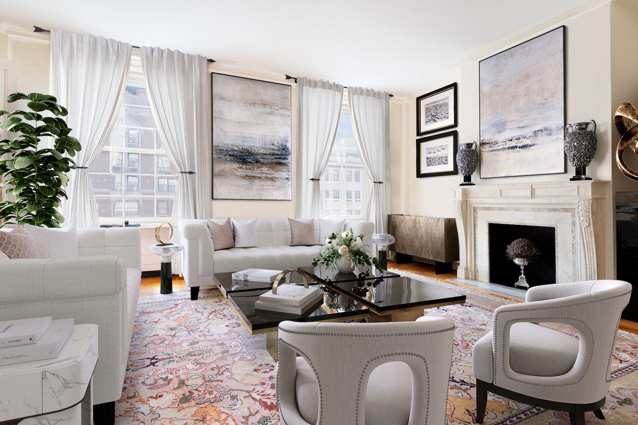 Digitally staged traditional living room featuring modern white furniture, abstract wall art, and bright natural lighting.