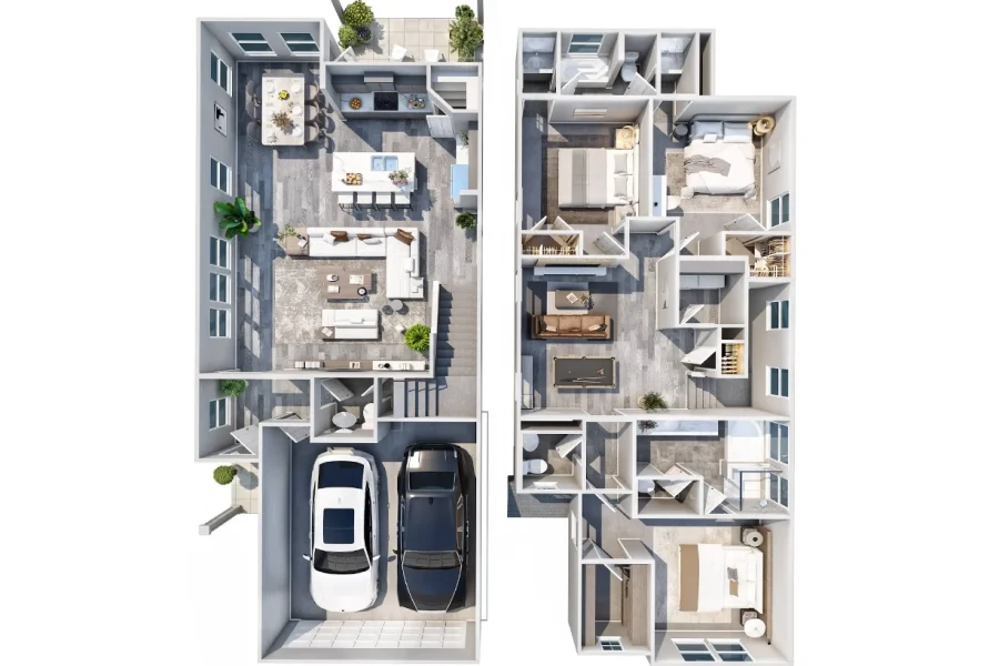 two story 3d floor plan of three bedrooms