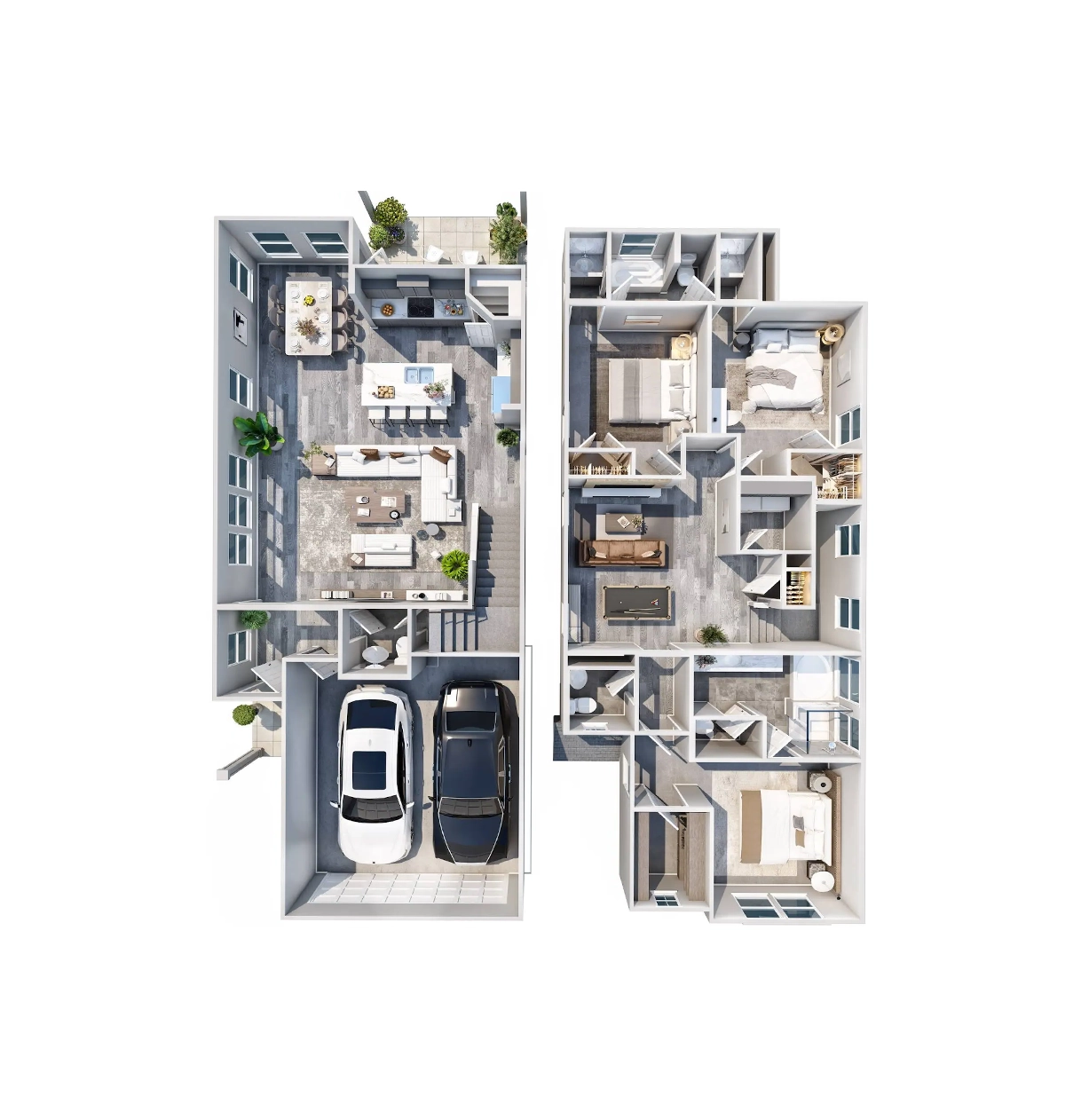 two story 3d floor plan of three bedrooms