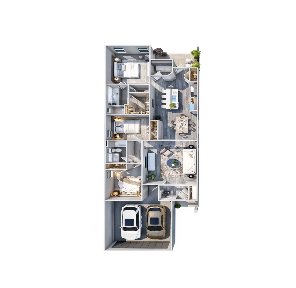 3d floor plan of three bedrooms and a balcony