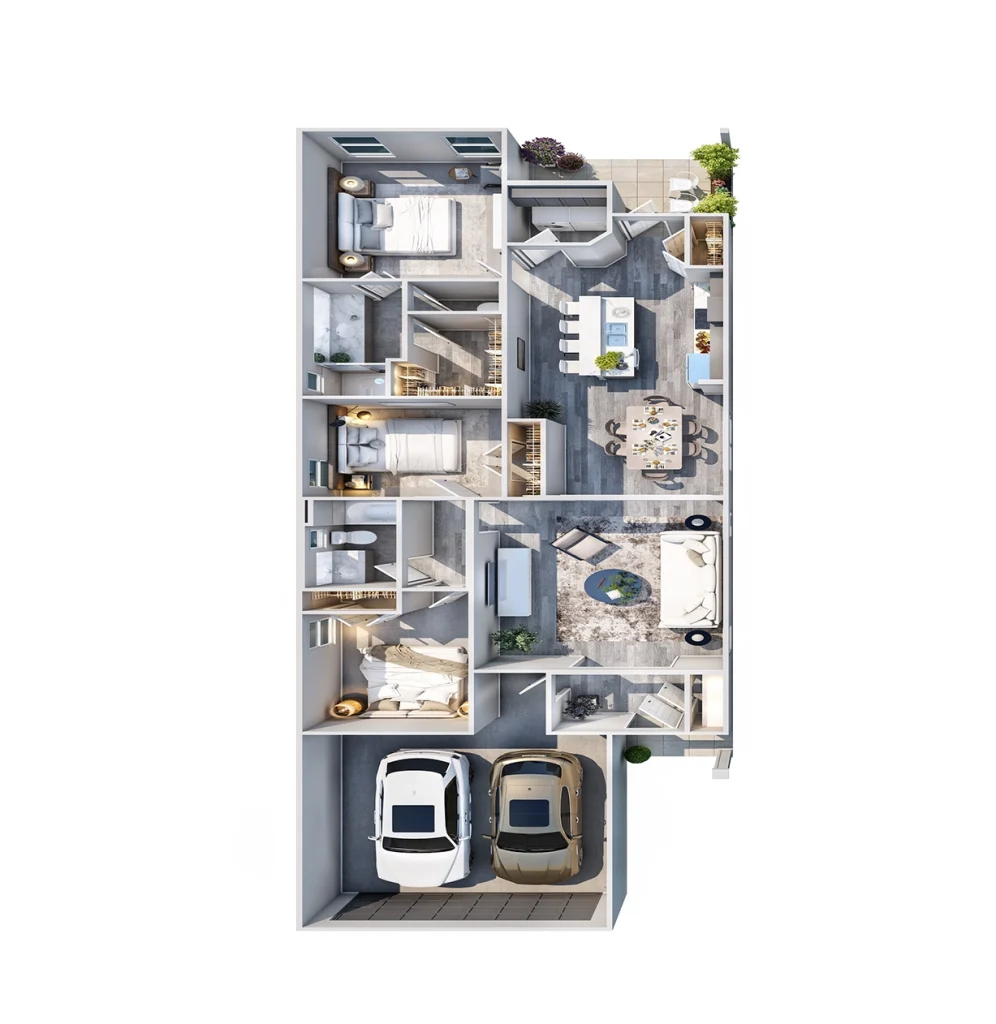 3d floor plan of three bedrooms