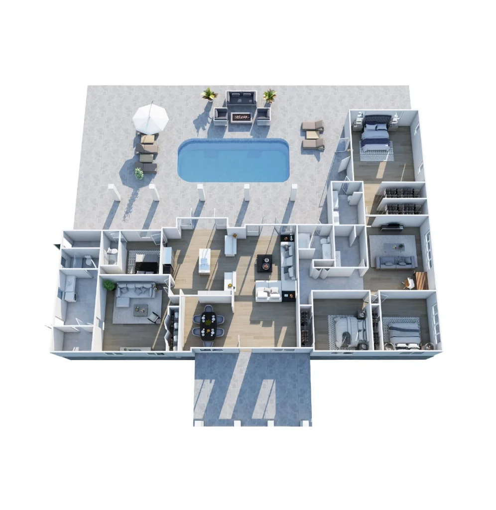 3d floor plan of 3 bedrooms and a pool