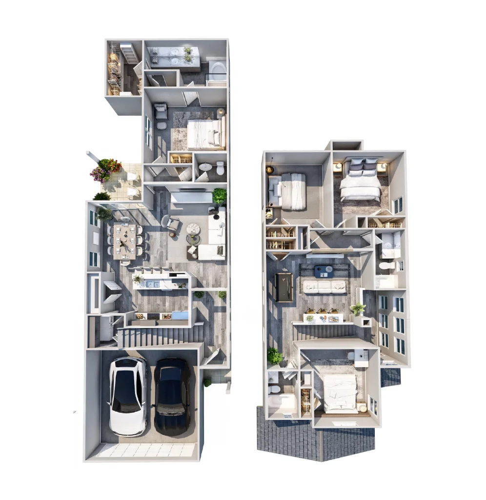 two story 3d floor plan of four bedrooms