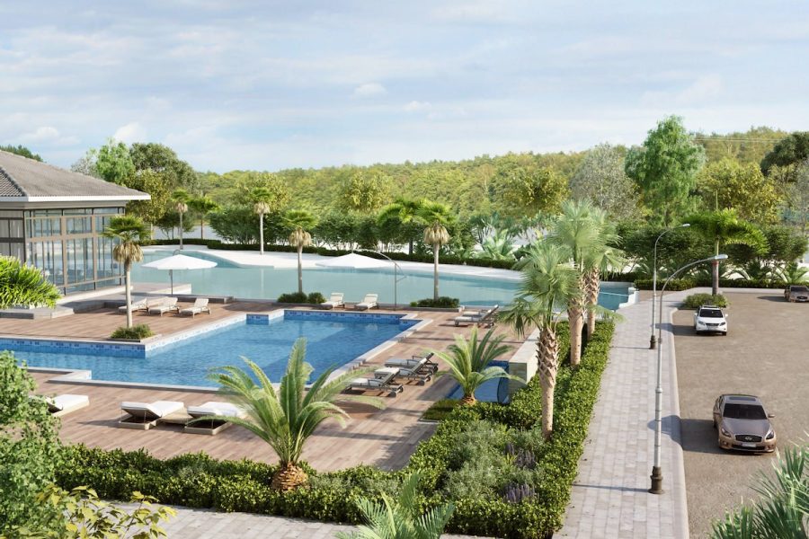 3d rendering of a community pool for a real estate investment trust