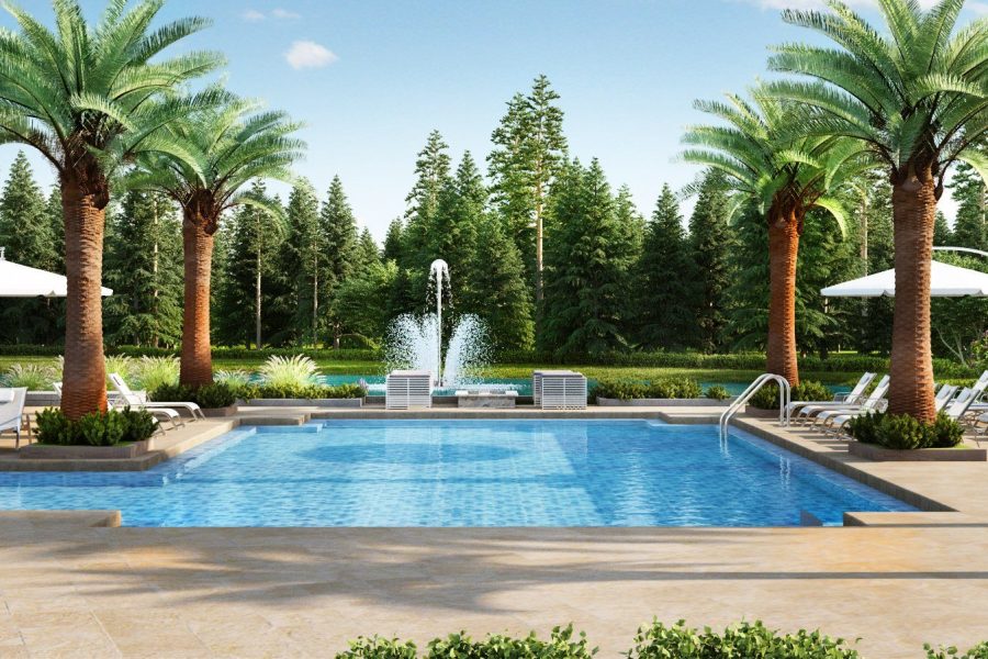 3d rendering of an exterior community pool area