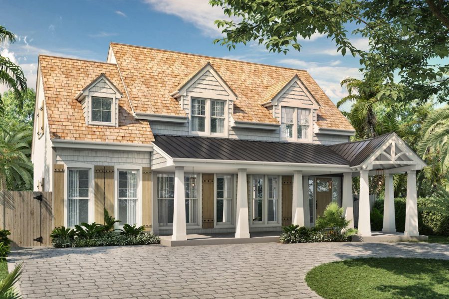 3d rendering and front elevation of a Florida home
