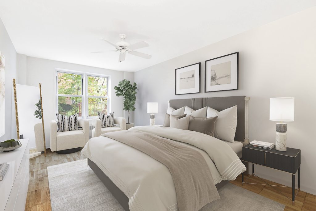 virtual staging of a bedroom in new york city using neutral colors